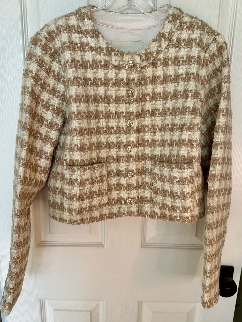 Amanda Uprichard Cream & Tan Houndstooth Lady Jacket Size L $209 *Flaw* - Picture 5 of 10